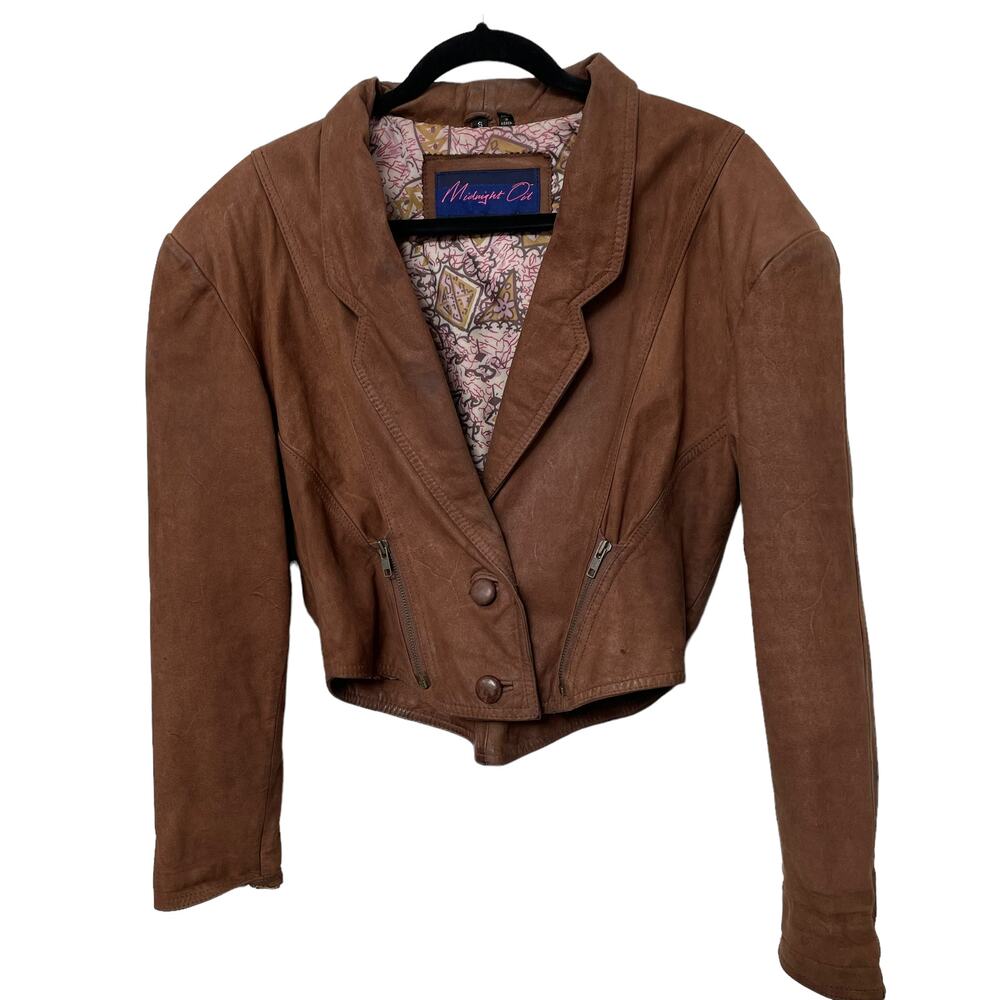 Vintage Brown Kangaroo Leather Jacket Cropped Bolero 1980's Women Small Korea